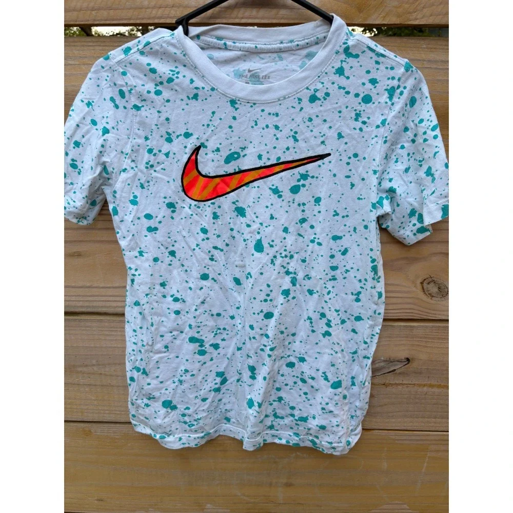 Nike Boys Large White Teal Paint Splatter T-Shirt Orange Striped Swoosh Logo Tee